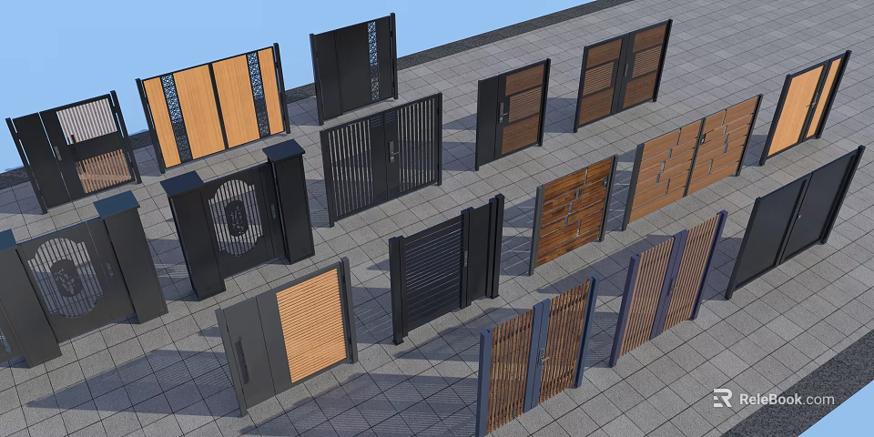 Exterior Gates With Various Designs Wooden Panels Metal Frames And Grilles 3d model 
