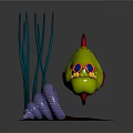 Cartoon Green Fish With Red Spots Yellow Teeth Blue Eyes Near Purple Conch Green Seaweed