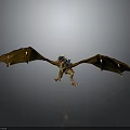 Mythical Dragon With Brown Wings And Blue Horns Standing On Gray Background With Reflection