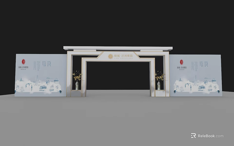 New Chinese Style Event Entrance Gate with White Frame Side Panels Decorative Vases and Patterns 3d model 