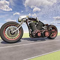 Custom Vintage Motorcycle With Pink Wheels Exposed Engine And Road Under Blue Sky