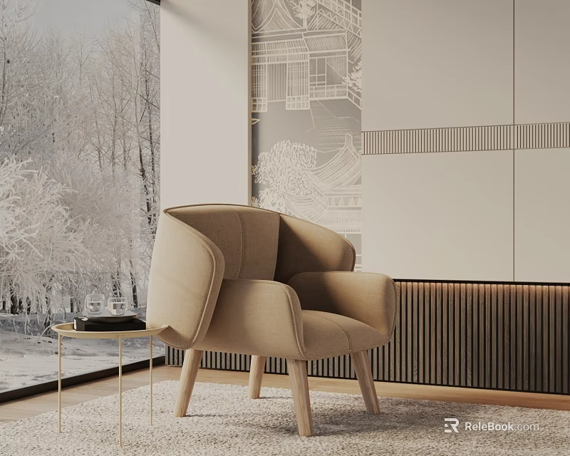 Beige Accent Chair with Wooden Legs and Small Side Table by Snowy Window Patterned Wall 3d model 