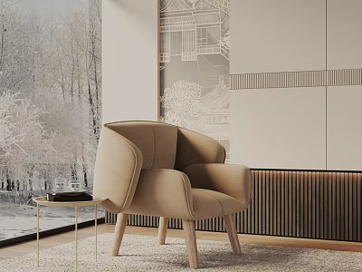 Beige Accent Chair with Wooden Legs and Small Side Table by Snowy Window Patterned Wall 3d model