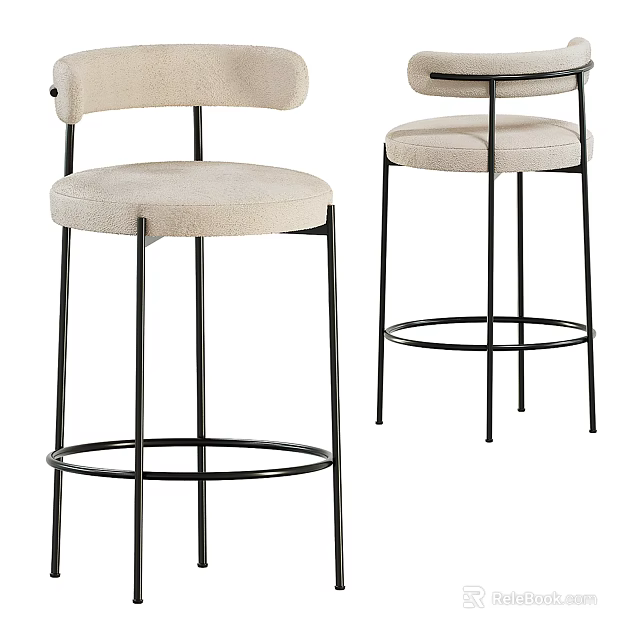 Modern Bar Stools With Beige Upholstered Seats And Black Metal Frames 3d model