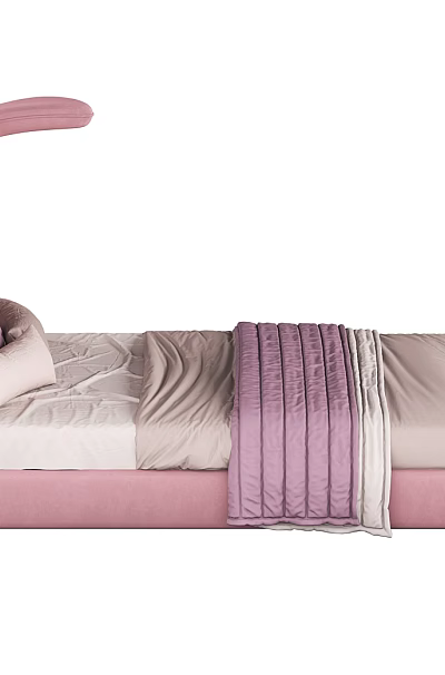 Soft Pink Kids Bed With Curved Headboard And Cozy Bedding Pillows 3d model