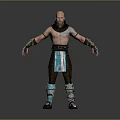 Bald Headed Bearded Tattooed Shirtless Warrior Game Movie Character With Blue Accent Pants And Armor