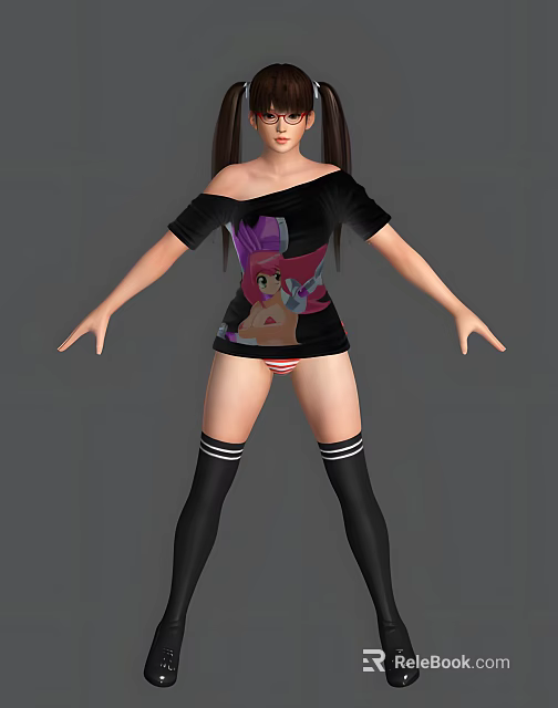 Anime Game Character in Black Off Shoulder Top with Pink Haired Graphic and Thigh High Socks 3d model 