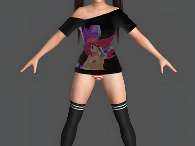 Anime Game Character in Black Off Shoulder Top with Pink Haired Graphic and Thigh High Socks 3d model