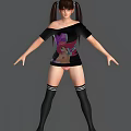 Anime Game Character in Black Off Shoulder Top with Pink Haired Graphic and Thigh High Socks