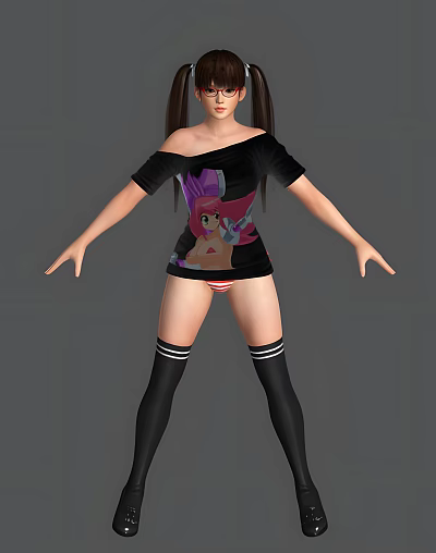 Anime Game Character in Black Off Shoulder Top with Pink Haired Graphic and Thigh High Socks 3d model