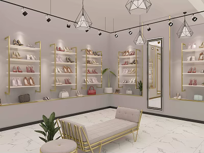 Luxury Shoe Store Interior With Golden Shelves Seating Area And Chandeliers 3d model