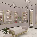 Luxury Shoe Store Interior With Golden Shelves Seating Area And Chandeliers