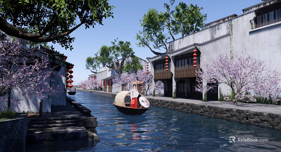 Ancient Architecture Along Waterway With White Walls Gray Tiles Boat Red Lanterns Pink Cherry Trees 3d model 