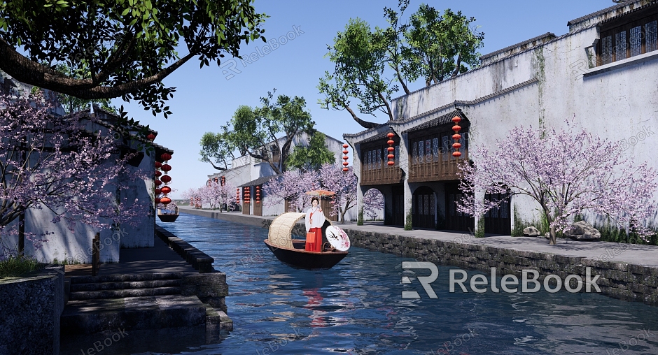 Chinese Ancient Architecture Waterfront Ancient Town Landscape Jiangnan Water Town Wuzhen Tourism Wupeng Boat Oil Paper Umbrella Ancient Town Water Lane Smoky Rain Jiangnan model