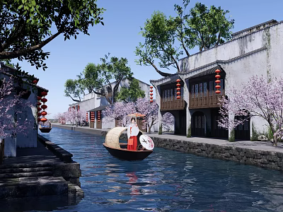 Ancient Architecture Along Waterway With White Walls Gray Tiles Boat Red Lanterns Pink Cherry Trees 3d model