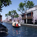 Ancient Architecture Along Waterway With White Walls Gray Tiles Boat Red Lanterns Pink Cherry Trees