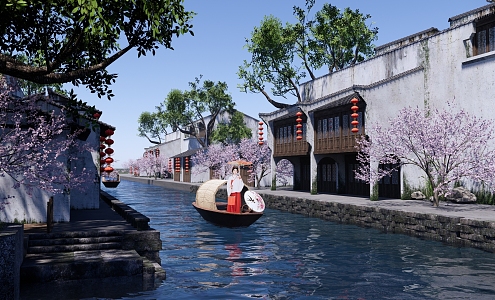 Chinese Ancient Architecture Waterfront Ancient Town Landscape Jiangnan Water Town Wuzhen Tourism Wupeng Boat Oil Paper Umbrella Ancient Town Water Lane Smoky Rain Jiangnan 3d model