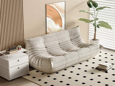 Beige Double Sofa With Pleated Design In Living Room Featuring Abstract Painting And Green Plant 3d model
