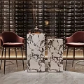 Modern Wine Cellar Interior Design with Glass Wine Racks Red Chairs and Marble Countertop