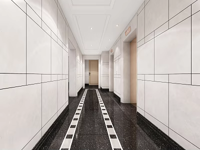 Modern Elevator Hallway With White Linear Pattern Walls Black Floor Stripes And Recessed Lighting 3d model
