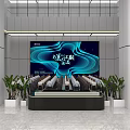 Modern Conference Hall Interior with Large Screen Rows of Seats and Green Plants