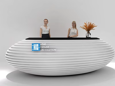 Modern White Striped Oval Reception Desk With Receptionists Orange Flowers And Future Revolution Logo 3d model