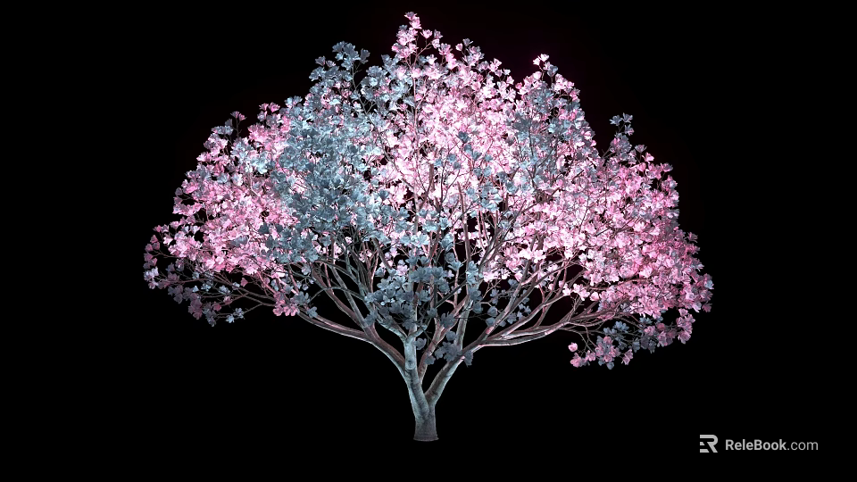 Stunning Flowering Tree with Pink and Blue Blossoms Against Black Background 3d model 