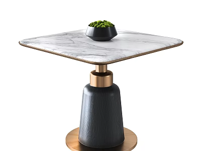 Square Marble Top Dining Table With Gold Base And Green Plant In Black Pot 3d model