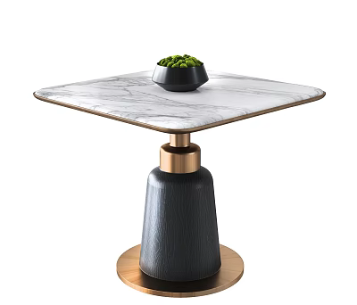 Square Marble Top Dining Table With Gold Base And Green Plant In Black Pot 3d model