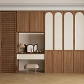 Wooden Vanity Dressing Table Design With Shutter Doors Arched Glass And Lit Mirror Area