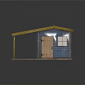 Blue Wooden Cabin With Wooden Door Window Yellow Support Pillars And Sloped Roof