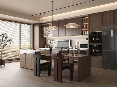 Modern Restaurant Kitchen With Dark Wooden Cabinets Island Counter Dining Table And Hanging Lights 3d model
