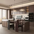 Modern Restaurant Kitchen With Dark Wooden Cabinets Island Counter Dining Table And Hanging Lights