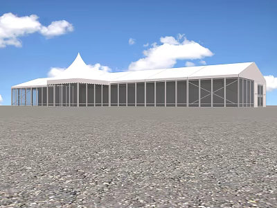 White Tent Structure With Frame Against Blue Sky And Gravel Ground 3d model