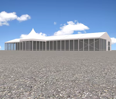 White Tent Structure With Frame Against Blue Sky And Gravel Ground 3d model
