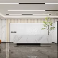 Modern Reception Desk Design With Marble Top White Wooden Decor Green Plant And Orange Sofa