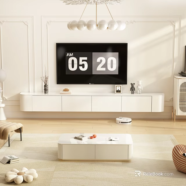 Modern White TV Stand With Flat Screen TV And Decorative Ornaments In Living Room 3d model 