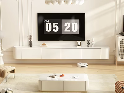 Modern White TV Stand With Flat Screen TV And Decorative Ornaments In Living Room 3d model
