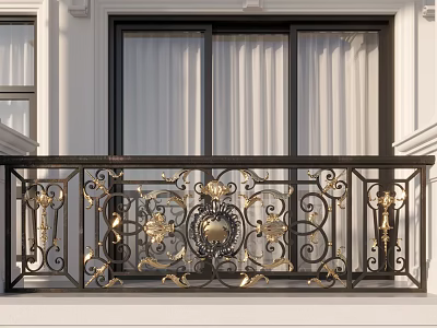 Ornate Balcony Railing with Intricate Iron Design and Gold Decorative Accents 3d model