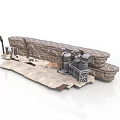 Detailed 3D Model Industrial Scene With Stone Wall Metal Structures And Pipes