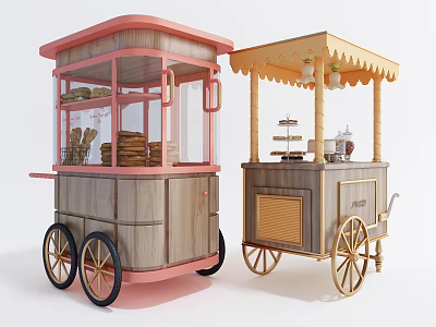 Modern Mobile Food Carts Featuring Wooden Bodies Transparent Windows And Food Display Racks 3d model