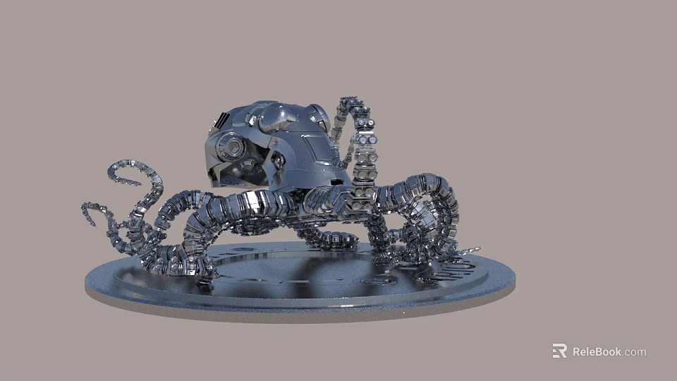 Mechanical Octopus Sculpture Made Of Metal Parts On Circular Base 3d model 