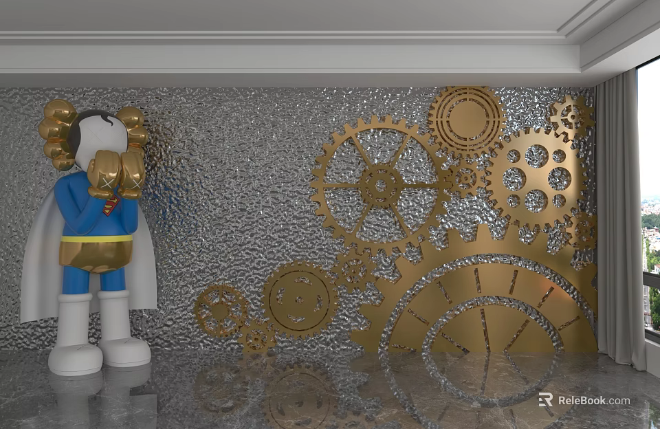 Silver Background Wall With Golden Gear Decorations Modern Interior Design 3d model 