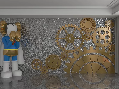 Silver Background Wall With Golden Gear Decorations Modern Interior Design 3d model
