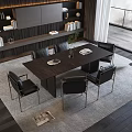Modern Dark Wooden Dining Table Set With Black Leather Chairs Metal Legs And Decorative Plant Books