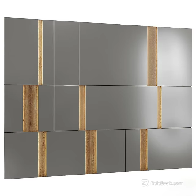 Modern Accent Wall Design With Gray Panels And Wooden Decorative Strips For Contemporary Interiors 3d model 