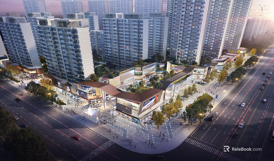 Modern Commercial Street Featuring Pedestrian Zone Shops And Surrounding High Rise Buildings 3d model 