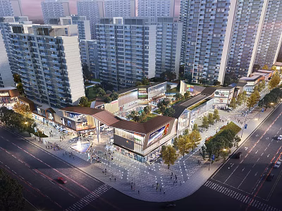 Modern Commercial Street Featuring Pedestrian Zone Shops And Surrounding High Rise Buildings 3d model