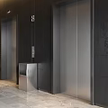 Modern Elevator Lobby With Wooden Slat Ceiling Recessed Lighting Potted Plant And Marble Flooring