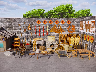 Rural Style Garden Ornaments with Brick Wall Hanging Chili Peppers Bamboo Baskets and Wooden Furniture 3d model